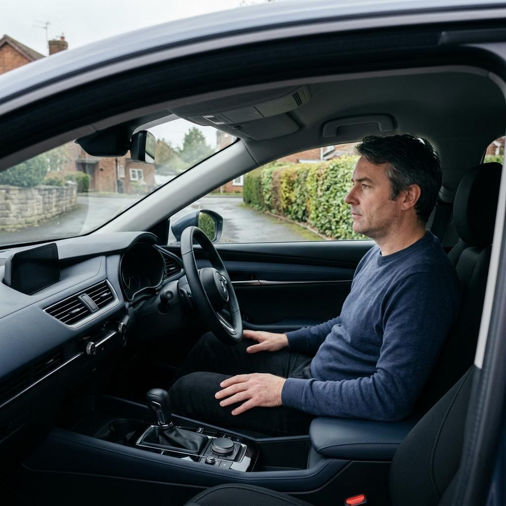 Illustrative image: a driver in a parked car looking at an unresponsive dashboard