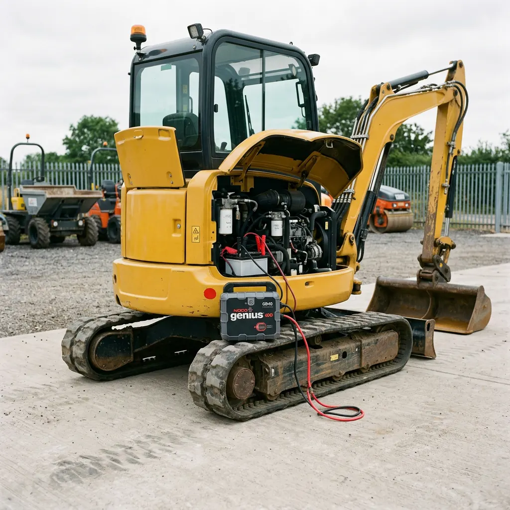 Mini excavator with its engine compartment open and portable starter-battery equipment beside it
