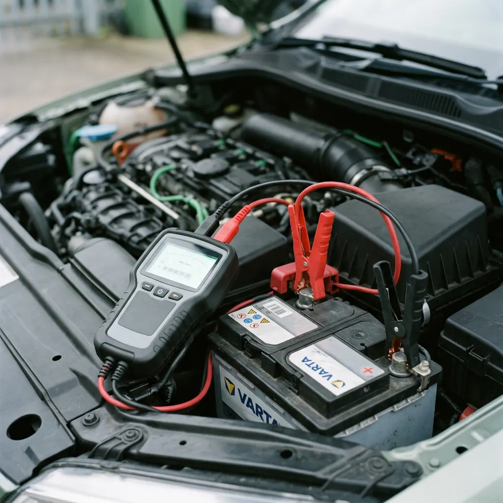 A digital battery tester clamped to a car battery’s terminals