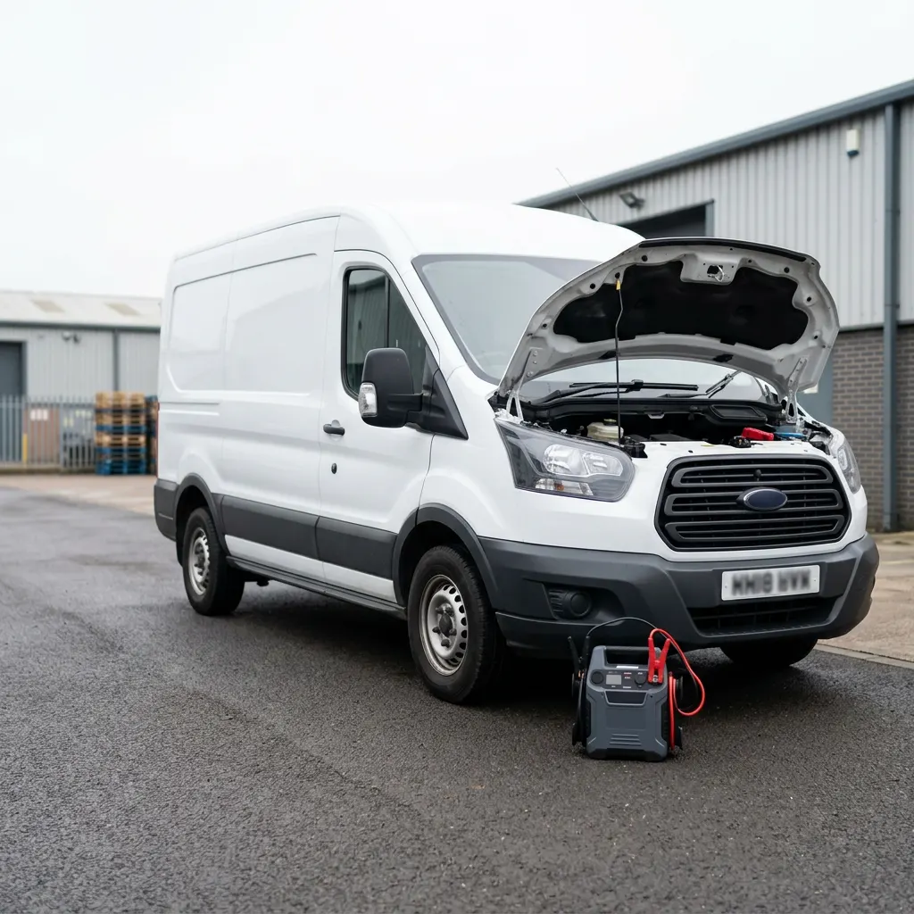 White panel van with its bonnet open and a portable jump-start pack in front